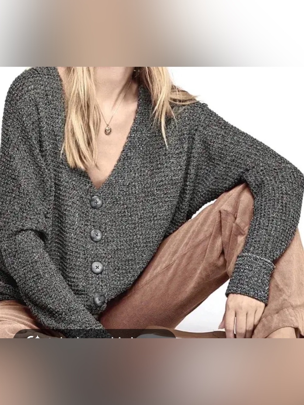 Free People Waffle-Knit Button Up Gray Slouchy Cardigan Sz Small - Picture 6 of 6